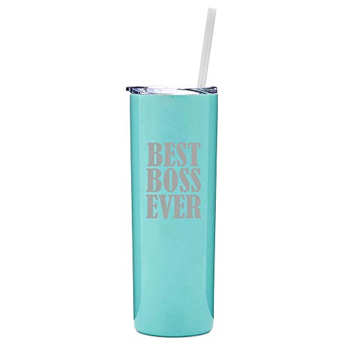 20 oz Skinny Tall Tumbler Stainless Steel Vacuum Insulated Travel Mug With Straw Best Boss Ever Light Blue
