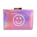 AACKS Happy Face Wallet Girls Pink Wallet Happy Smile Wallet Y2K Aesthetic Wallet PU Leather Shiny Wallet Tri-folded Small Wallet for Girls Women Happy Face Accessories