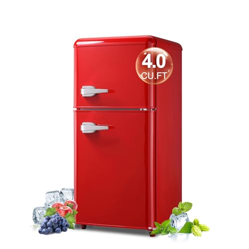 Image of BINMIT Retro Mini Fridge with Freezer 4.0 Cu. Ft, Small Refrigerator with 7 Level Adjustable Thermostat, Compact Classic Dual Door Fridge Removable Glass Shelves for Apartments, Dorm, Office, Red