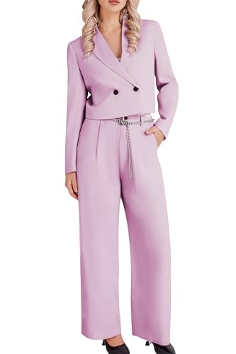Women's 2 Pieces Suit Casual Outfits Double Breasted Blazer Jackets High Waisted Wide Leg Work Pants Suit Set Pink