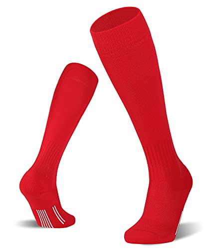 FITRELL 2/3 Pack Soccer Socks Baseball Softball For Youth Kids Boys Girls Over-The-Calf Football Socks for Adult Men Women Red Small