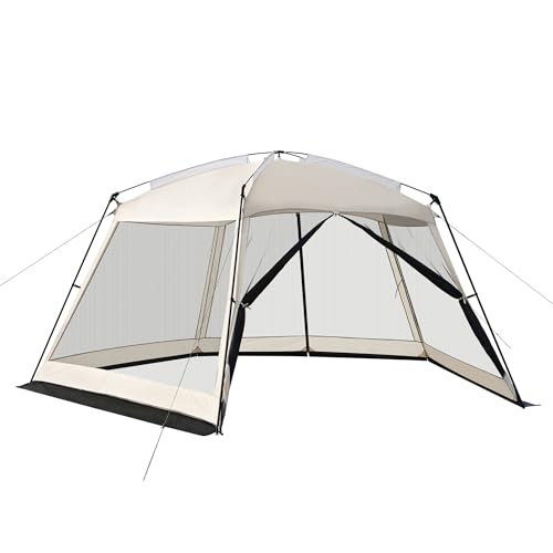 Hyper Venture Screen House 14x14ft Canopy Tent with 5-Sided Netting, Easy Setup, Portable Gazebo Shelter for Outdoor Camping, Gathering, Party, Picnic, Khaki