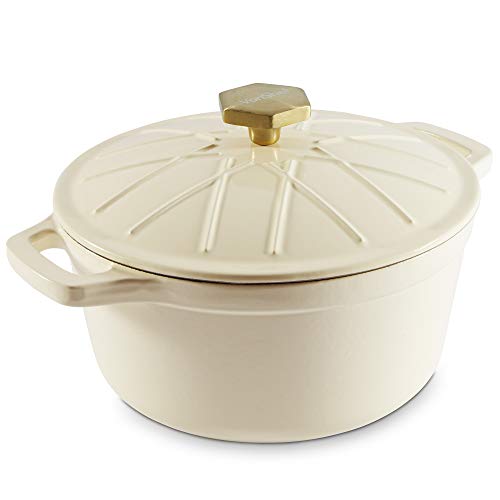 VonShef Cacerola Olla Cazuela color Crema de hierro fundido de 3,8 l - Recubrimiento de esmalte antiadherente  Diseño exclusivo