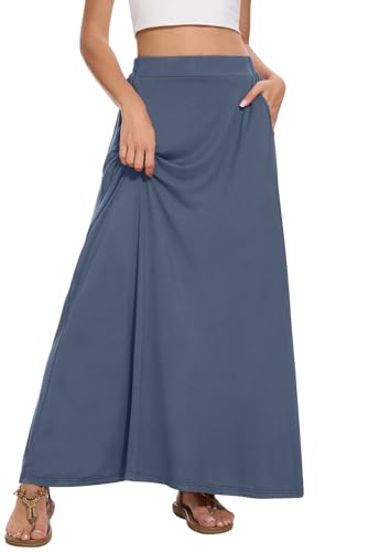 Image of Womens Maxi A-line Long Skirt Casual 2026 Elastic High Waist Flowy Skirts with Pockets