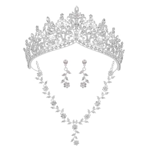 Kamirola Tiaras and Crowns for Women,3-pack Tiaras Earrings Necklace, Crystal Bridal Jewelry Set, Costume Party Halloween Prom Pageant Jewelry for Women (Silver)