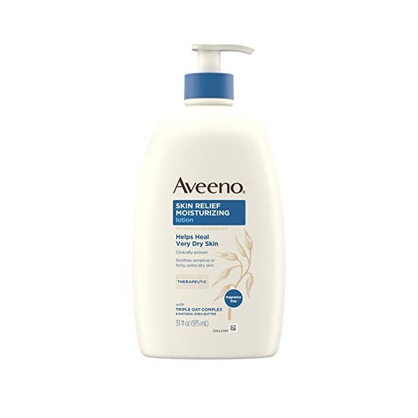 Aveeno Skin Relief Moisturizing Lotion for Very Dry Skin with Soothing Triple Oat & Shea Butter Formula, Dimethicone Skin Protectant Helps Heal Itchy, Dry Skin, Fragrance-Free, 33 fl. oz
