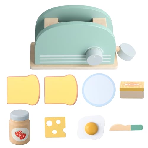 Litinliv 9 Pcs Accessoires Cuisine Enfant, Grille Pain Jouet, Jeu de Cuisine en Bois, Jeu d'Imitation Cuisine avec Pain, Beurre, Oeuf au Plat et Confiture,...