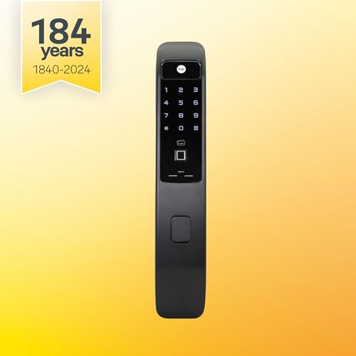 Image of Yale YMI 70 Pull Smart Digital Door Lock for Wooden Main Door Width 40mm to 100mm | Single Push Action | Biometric | PIN Code | RFID Card | Mechanical Key | 3 Year Warranty (Black)