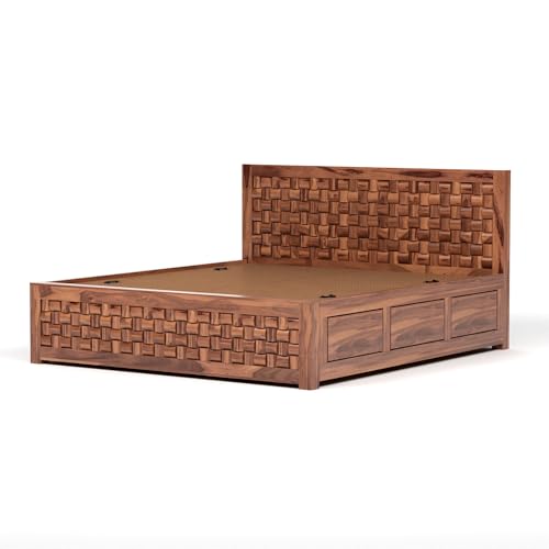 Image of NIWAR Sheesham Wood King Size Bed with Storage Box | Solid Wooden King Size Cot | Double Bed with Box for Home (Honey Finish)