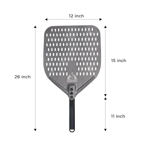 Image of Chicago Brick Oven Perforated Pizza Peel - 12 inchx15 inch Anodized Aluminum Pizza Steel, 11 inch Handle, 26 inch Overall Length - Ideal Pizza Turning Peel for Pizza Oven, Brick Oven, Baking Bread
