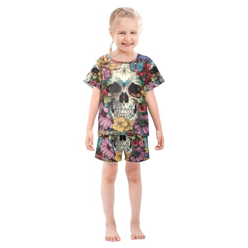 ALAZA Skull Bright Flowers Butterfly Pajama Set Short Sleeve Sleepwear Soft Lounge Nightwear3