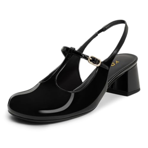 YDN Women Slingback Pumps T Strap Slip On Block Mid Heels Closed Round Toe Dress Shoes Party Office Size 4-16 US