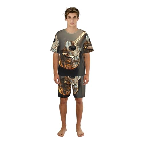 Pyjama élégant imprimé guitare homme ensemble de nuit haut de gamme en coton