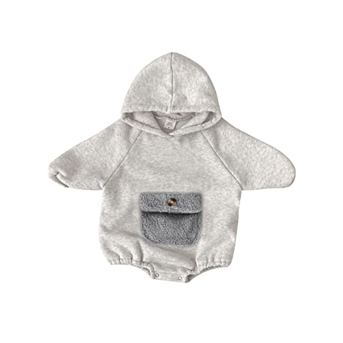 JLKGICF Baby Boys Girls Hooded Pullover Bubble Romper Solid Pocket Oversized Hoodie Sweatshirts Onesie Warm Winter Outfit (Hoodies Fleece Gray,18-24 Months)