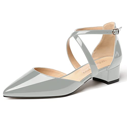 MODENCOCO Women's Patent Pointed Toe Buckle Cut Out Criss Cross Strap Chunky Low Heel Pumps Shoes 1.5 Inch