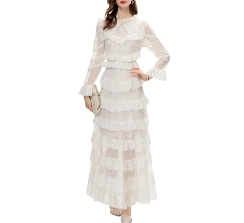 Women's Tiered Ruffles Crewneck Dresses Vintage Long Sleeves Embroidery Lace Party Prom Gown