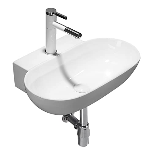 Lavabo de salle de bain mural ovale en porcelaine blanche brillante avec robinet complet