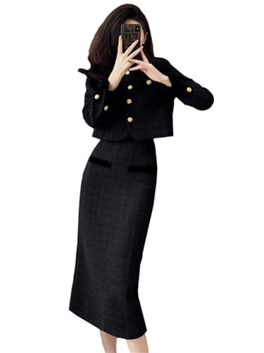 Women's Vintage Tweed Two Piece Set Short Jacket Coat + Bodycon Skirt Suits Elegant OL 2 Piece Outfits