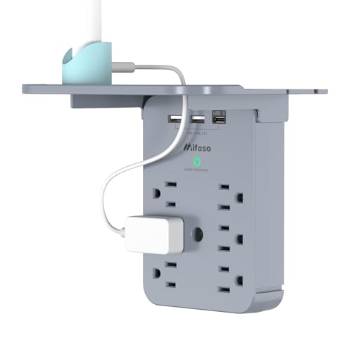 Outlet Extender with Shelf, PD 20W USB-C, Mifaso Surge Protector 6 AC Multi Plug Wall Outlets and 3 USB Ports, Outlet Splitter for Bathroom Home (Gray)