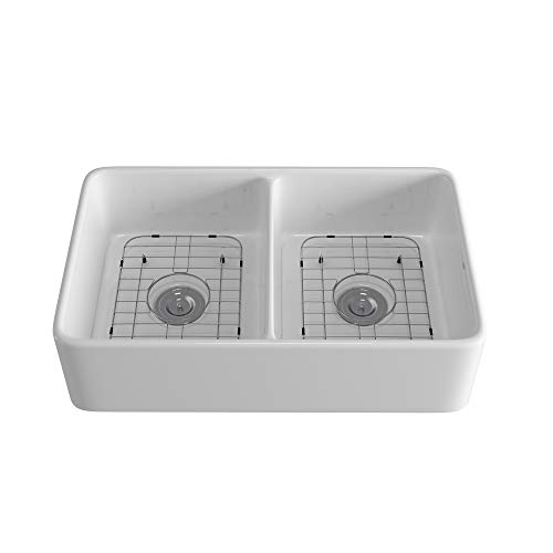 32 Inch White Ceramic Kitchen Sink, Rectangular Double Bowl, Flush Mount kitchen Sink with Overflow, 32-1/4 x 24 x 8 inch