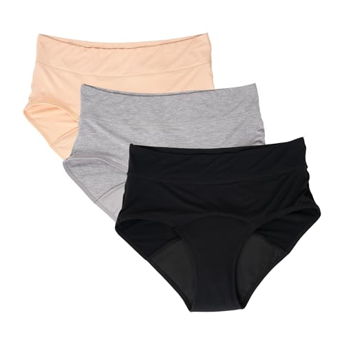 Evella Incontinence Underwear for Women - Washable Leak Proof Underwear for Women 55+ - Reusable Protection Panties for Bladder Leaks - 3-Pack (Black Beige Grey) - Updated Design Large