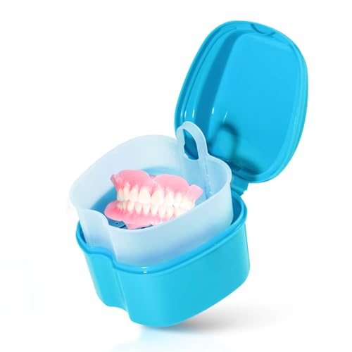 Image of KISEER Denture Bath Case Cup Box Holder Storage Soak Container with Strainer Basket for Travel Cleaning (Light Blue)