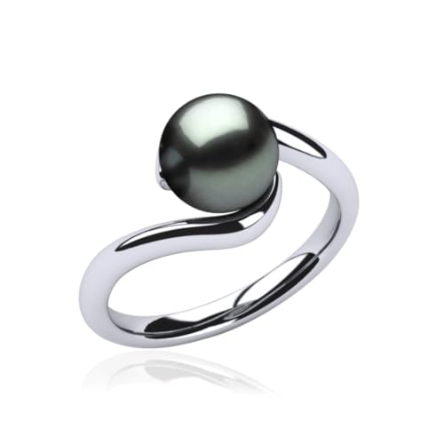 Tahitian Black Pearl Ring for Women 18 White Gold Plated Tessa Ring, AAA Quality Handpicked Nature 10mm Black Pearl, Size 5-93