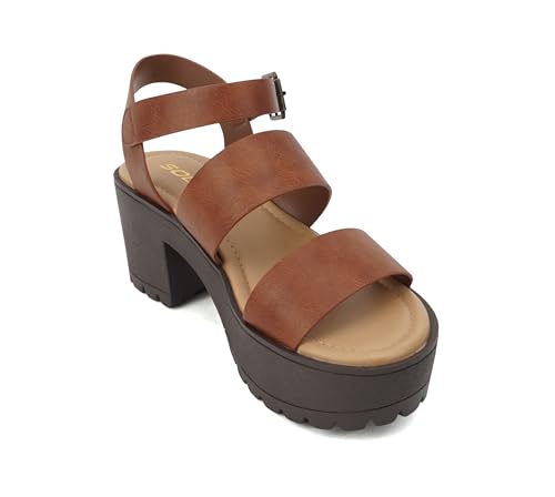 Image of Soda ACCOUNT ~ Women Open Toe Two Bands Lug sole Fashion Block Heel Sandals with Adjustable Ankle Strap