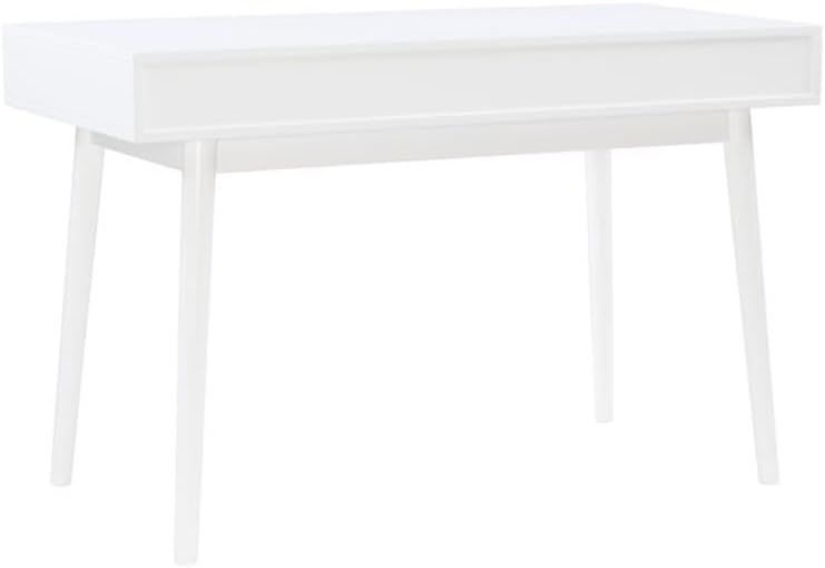 BOWERY HILL Contemporary Wood Desk with Two Drawers, White Finish, 47 in Wide, Rubberwood MDF Construction, Open Shelf Storage, Solid Wood Legs, Stylish Home Office or Student Workstation