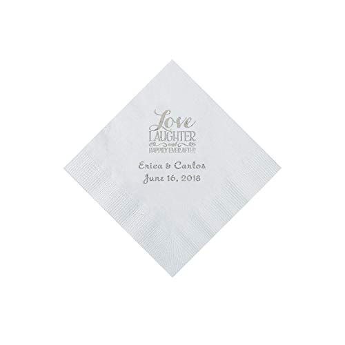 White Love Laughter & Happily Ever After Personalized Napkins with Silver Foil – Beverage - Party Supplies - 50 Pieces