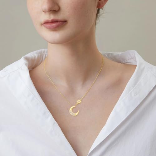 Solid 14K Moon and North Star Necklace for Women, Real Gold Moon Pendant Necklaces with Cubic Zirconia, Mother's Day Birthday Christmas Jewerly Gifts for Mother Grandma, 16"+2"3