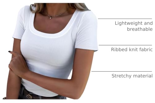 Image of Roselux Women's Summer Scoop Neck Short Sleeve T-Shirts Ribbed Knit Slim Fitted Casual Basic Top
