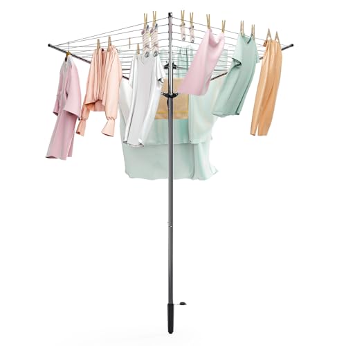 SYKIARIOL 3 Arm Rotary Washing Line, 30M Folding Clothes Line, Outdoor Clothes Dryer with Ground Spike and Tie, Heavy Duty Clothes Airer, Non-Slip Washing Lining, Grey