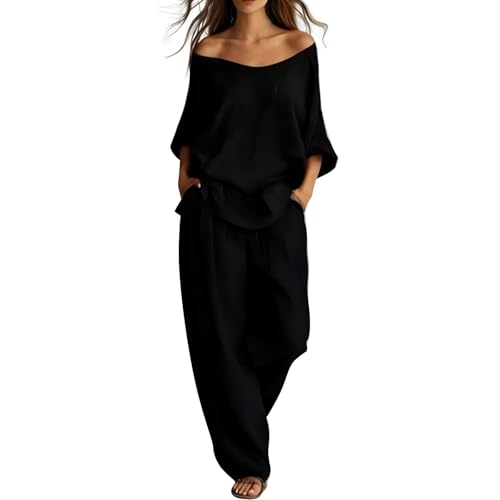 Ensemble coton et lin femme épaules dénudées pantalon large noir ample