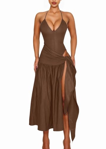 Two Piece Skirt Set Women Sexy Halter Backless Bodysuit and Wrap Tied High Split Summer Maxi Skirt Set2
