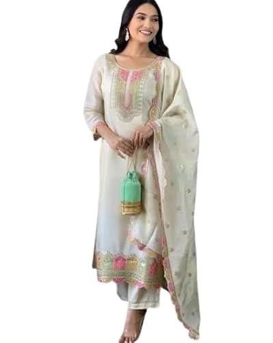Sambhav Quilt Hub Festliche Chinon-Seide für Damen mit bestickter gerader Kurta mit Hose und Seidenmischung, bedruckte Dupatta-Sets, Weiß, XL