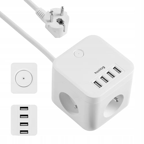 Huslog Regleta Multienchufe con 4 Puertos USB 3 Tomas 1.5m Cable Negro (Blanco)