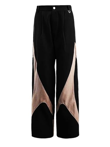 Women’s Black Color-Block Wide-Leg Pants High Elastic Waist Year-Round Casual