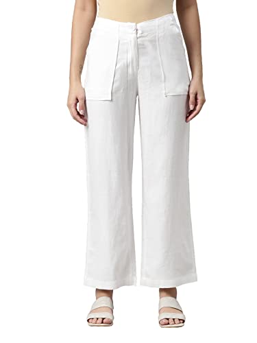 Image of GO COLORS Solid Linen Cargo Pants for Women | Full Length, Mid Rise, Side Pockets