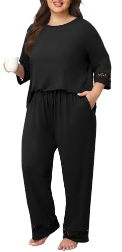 Womens Plus Size Pajama Set 3/4 Sleeve Lace Top Pants Lounge Set - image 1