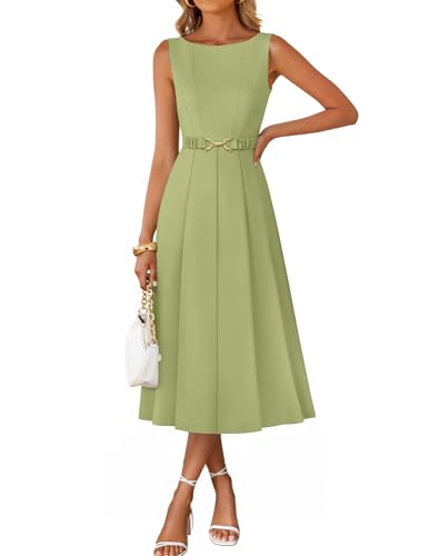 Image of ZESICA Women Summer Sleeveless Midi Dresses 2026 Elegant Boat Neck A Line Tie Waist Spring Cocktail Party Dress
