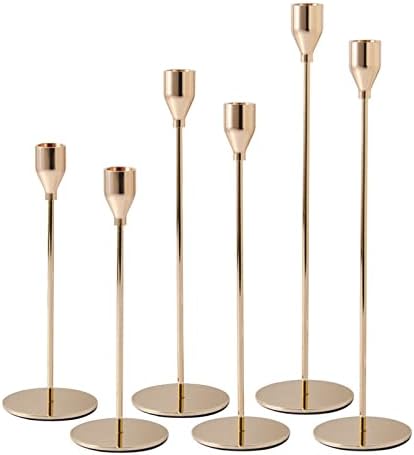 French Honey Gold Candlestick Holders, Set of 6 Tall Taper Candle Holder fit 3/4 inch Thick Pillar Candles, Elegant Decor for Dining, Date, Party, Festival, Table Fitting. Various Color & Sets Choices