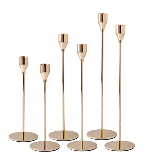 French Honey Gold Candlestick Holders, Set Of 6 Tall Taper Candle Holder Fit 3/4 Inch Thick Pillar Candles, Elegant Decor For Dining, Date, Party, Festival, Table Fitting. Various Color & Sets Choices #TOP5