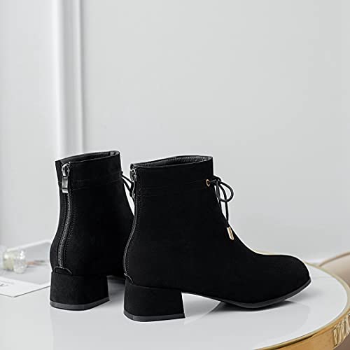 VOKLIN Women's Square Toe Elegant Dressy Ankle Boots Vegan Suede Lace Up Zipper Low Heel Dress Short Booties4