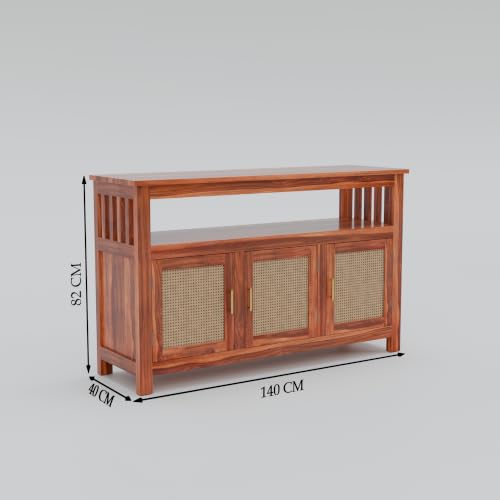 Image of Solid Sheesham Wood Sideboard for Living Room with Cane Doors | 3-Door Storage Unit with Open Shelf | Buffet Cabinet for Dining Room, Entryway & Hallway | Honey Finish | 140 x 40 x 82 cm
