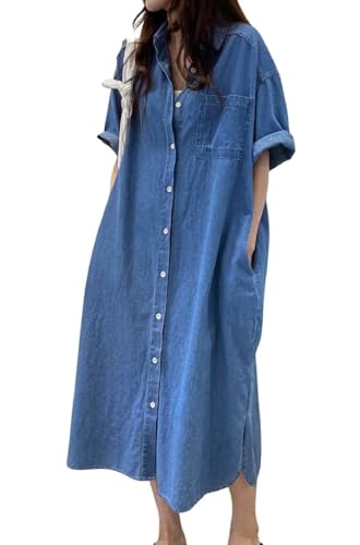 Jofemuho Women's Short Sleeve Denim Button-Down Shirt Dress Blue S