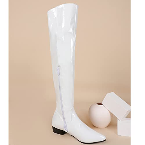 LUXMAX Women Patent Leather Thigh High Low Heel Boots Pointed Toe Flat Over The Knee High Boots with Zip3