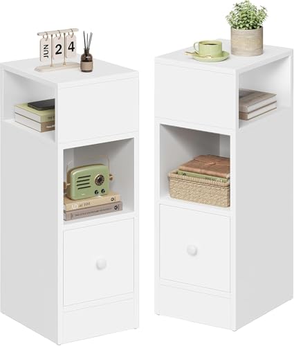 EUGAD Mesitas de Noche Pack 2, Blanco, con 2 Compartimentos y 1 Cajón, 25x30x66 cm, Mesita Auxiliar para Salon y Dormitorio, Estilo Moderno, Madera, 0179ZZ-2