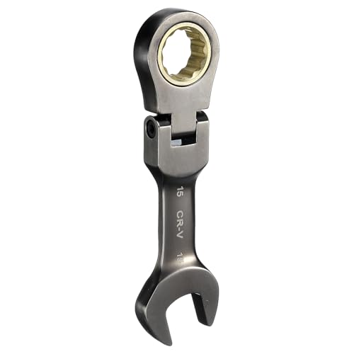 Image of sourcing map Flex Head Stubby Ratcheting Combination Wrench 15mm Metric 72-Teeth CR-V Steel Nickel Plated Flex-Head Ratchet Wrench for Fasteners Nut Bolt