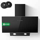 TopStrong Dunstabzugshaube 90 cm, Abzugshaube Umluft/Abluft mit 400 m³/h, A+++ Wandhauben Inkl. Aktivkohlefilter, Leise Kopffreihaube mit LED-Beleuchtung, 3 Stufen + Booster Touchscreen, Schwarz Glas